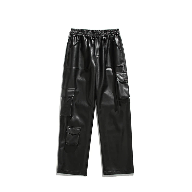 saferido Black Leather Pants Men Oversized Retro Pocket Cargo Pants Men Streetwear Hip-hop Loose Wide Leg Pants Mens Motorcycle Trousers