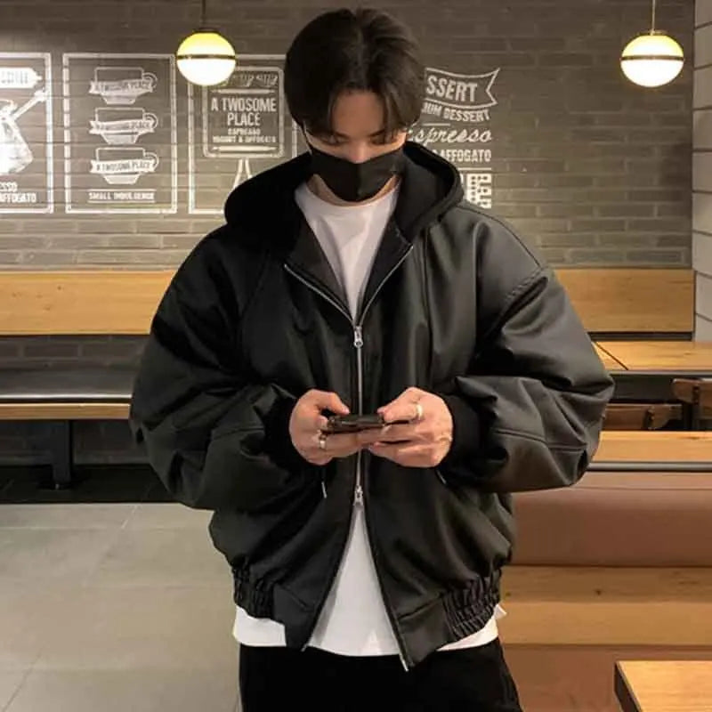 saferido Men's Hooded PU Leather Jackets High Street Patchwork Solid Color Double Zipper Baggy Male Short Coats Spring New