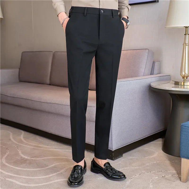 Men Suit Pants Autumn New British Style Elastic Waistband Slim Fit Solid Business Casual Formal Dress Trousers Men Clothing