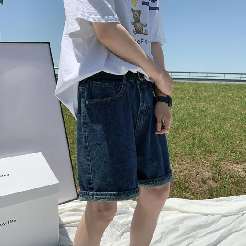 saferido Summer Denim Shorts Men Fashion Retro Blue Denim Shorts Men Streetwear Korean Loose Straight Jeans Shorts Mens Five Part Pants
