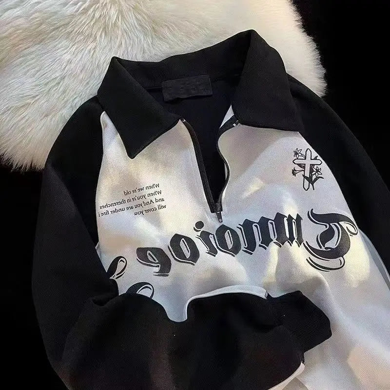 American retro street alphabet print stitching stand collar sweater men and women spring and autumn tide brand sports top