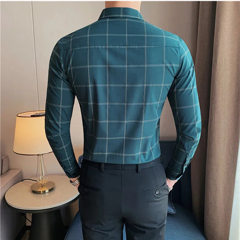saferido Spring Business Casual Plaid Shirt Men's Formal Workwear Wedding Dress Slim Social Party Clothes Checked Shirt S-4XL