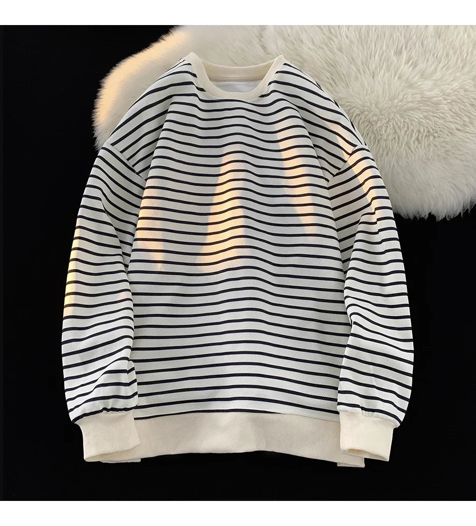 saferido Men's Tri-color Striped Sweatshirt American Classic Style Retro Casual Round Neck Top Unisex College Style Trendy Menswear