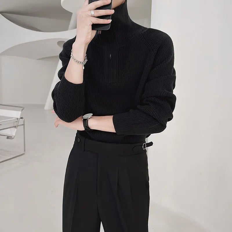Autumn Winter Boyfriend Spliced Head Stand Collar Zipper Screw Thread Fashion Solid Loose Casual Long Sleeve Knitted Tops