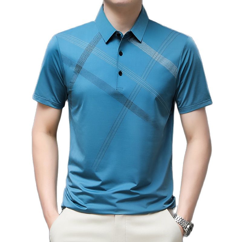 Men T Shirt Business Casual Striped Print Regular Fit Summer T Shirts for Men Turn-Down Collar Short Sleeve Men Tees Tops