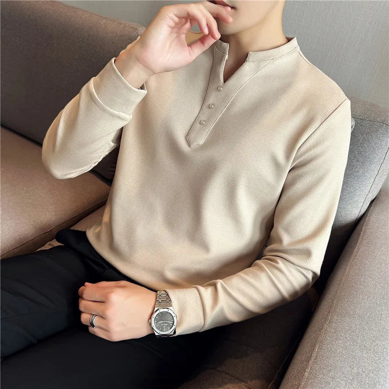 saferido British Style Men's Summer Casual Long Sleeve V-Neck T-Shirts/Male Slim Fit High Quality T-Shirt Tees Plus size S-4XL