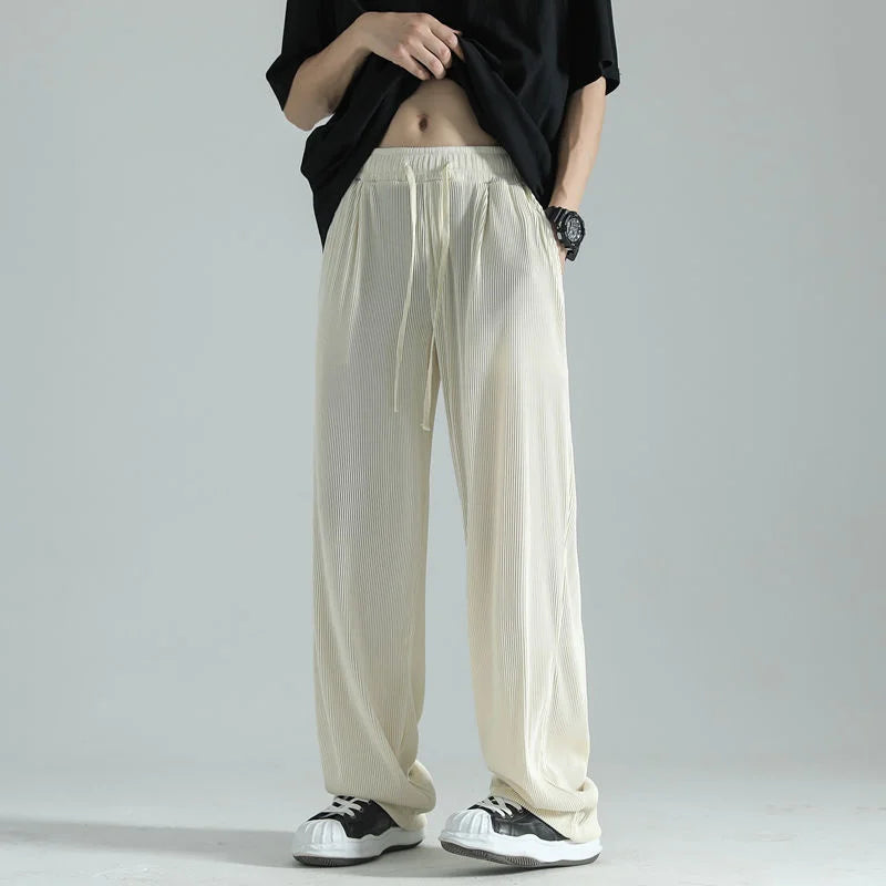 saferido Summer Pleated Pants Men Fashion Oversized Casual Ice Silk Pants Mens Japanese Streetwear Loose Straight Pants Mens Trousers