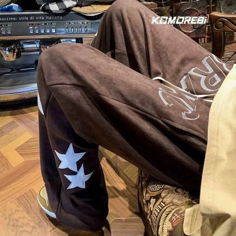 saferido Street American Vintage Print Star Casual Sports Pants Men Spring Autumn Pocket Elastic Waist Drawstring Loose Straight Trousers