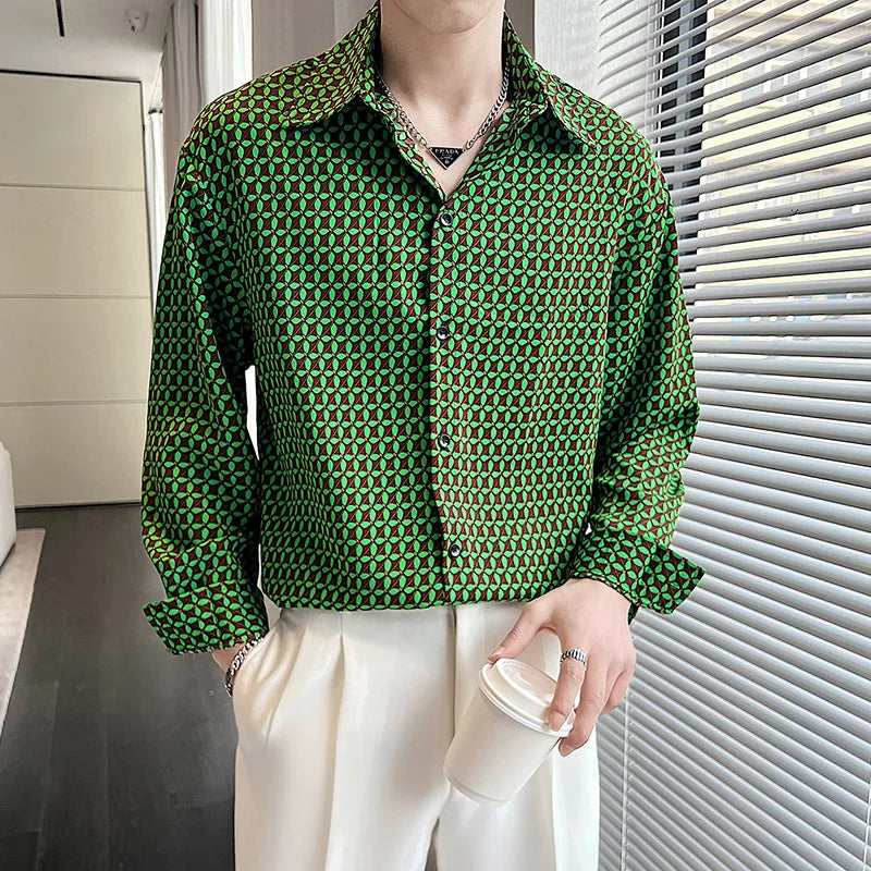 New Summer Men's Printed Shirts Oversized Clothing Casual Long Sleeve Striped Plaid Vintage Thin Draped Stretch Hawailan Blouses