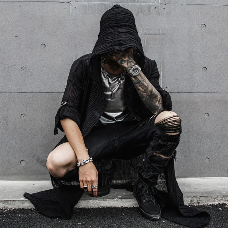 saferido Spring and Summer Men's Black Harajuku Mid Length Loose Casual Long Sleeve Shirt Stage Costume Halloween Costume
