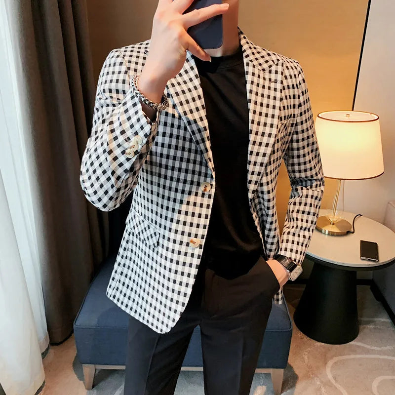 saferido Male Casual Plaid Blazers New Design Korean Version Slim-Fit Trend Business Coat High Quality Selling Fashion Suit Men 4XL