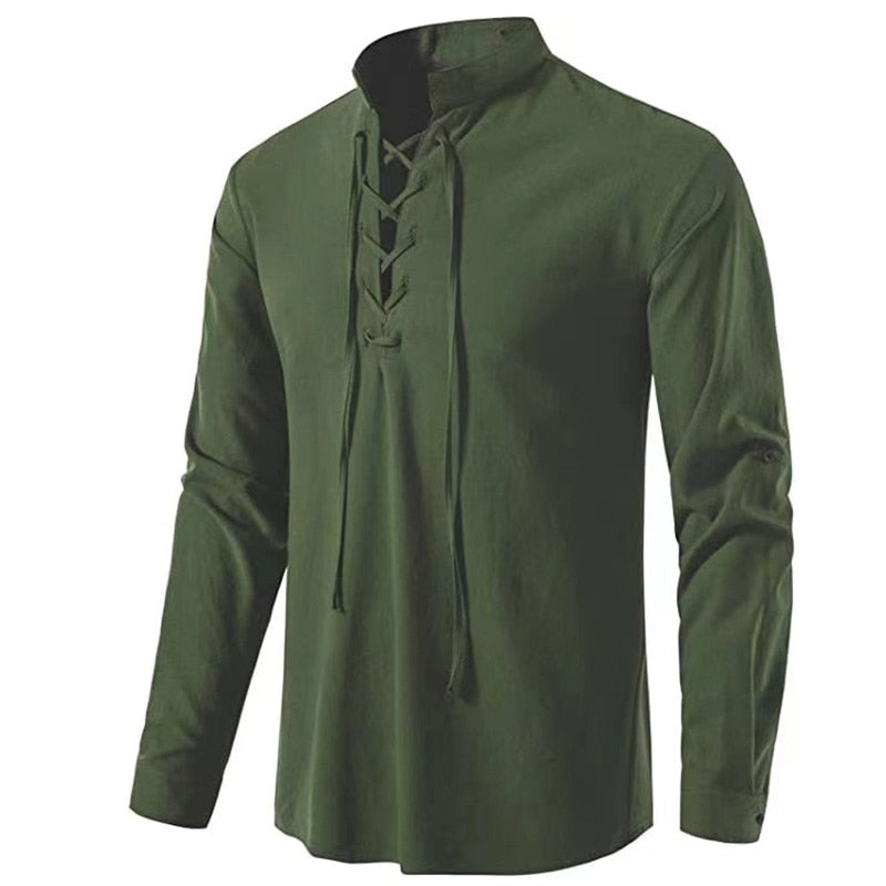 Men's V-neck shirt T-shirt Fashion Vintage Thin Long Sleeve Top men Casual Breathable Viking Front Lace Up man Shirts
