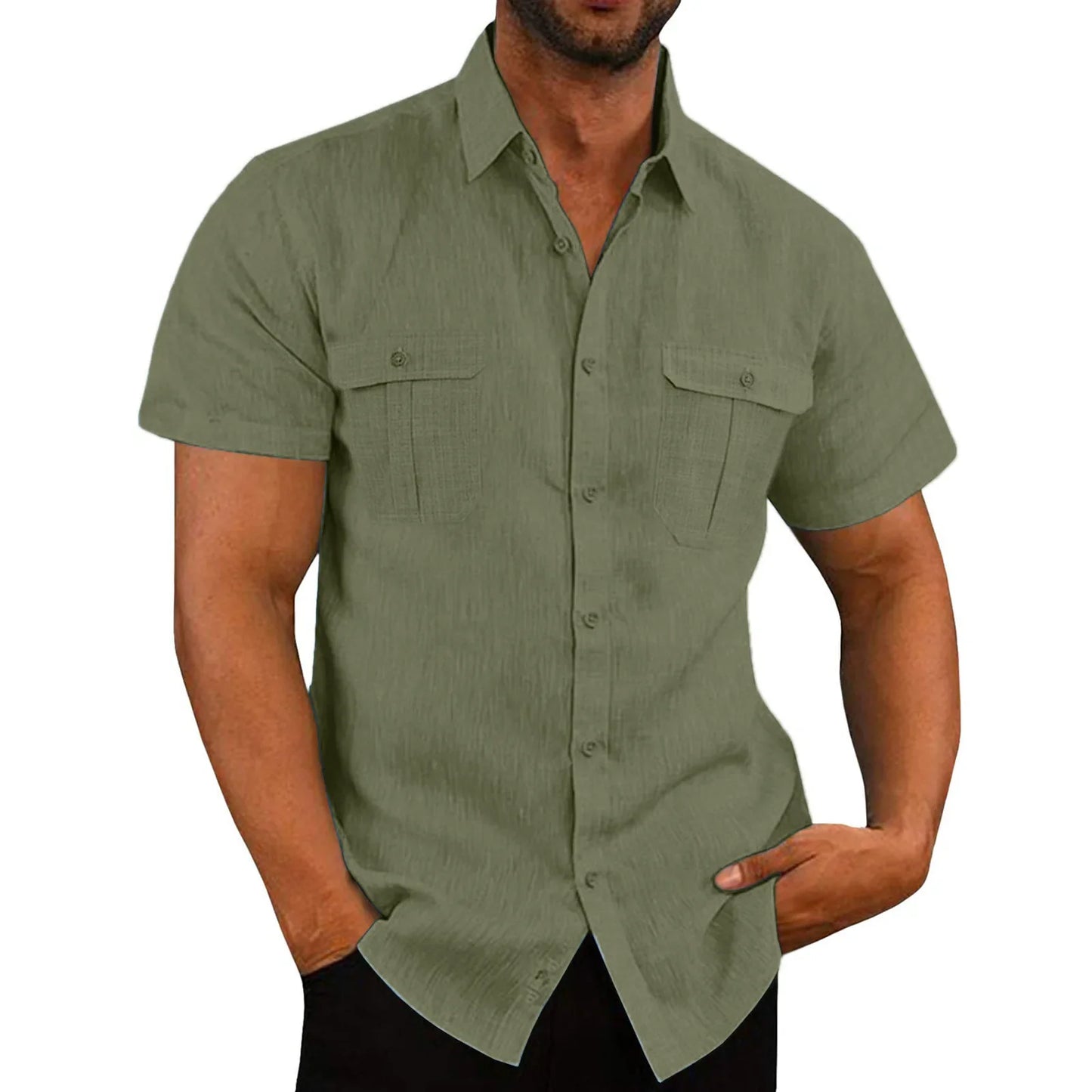 Men Short-Sleeved Shirts Summer Solid Color Stand-Up Collar Casual Beach Style Plus SizeMale Cotton Linen Shirts M-5XL