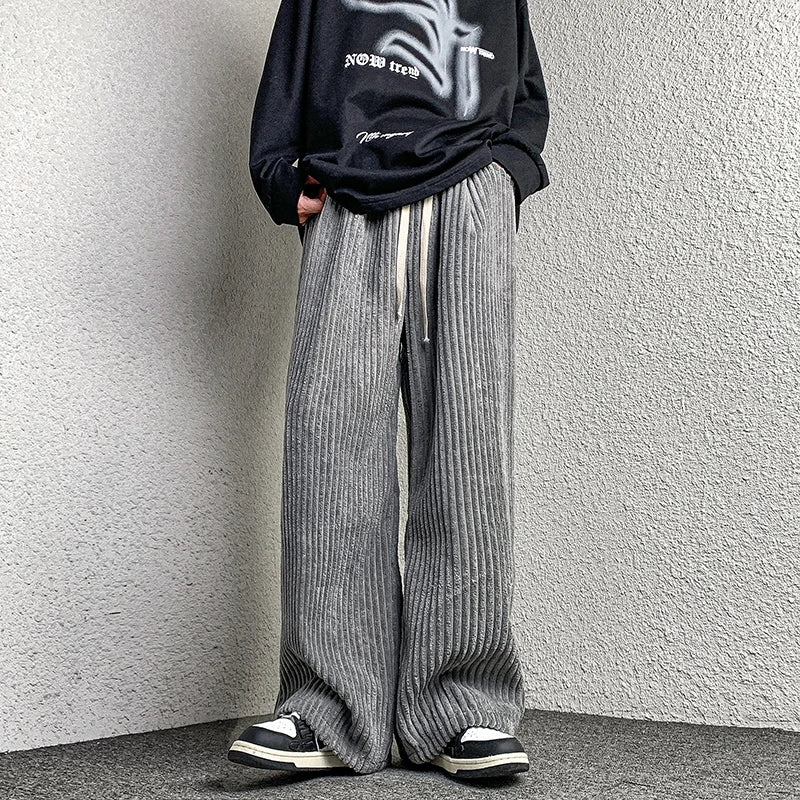 saferido Corduroy Pants Men's Straight Pants Solid Color Drawstring Unisex Wide Leg Oversized Trousers Casual Japanese Style Male Pants
