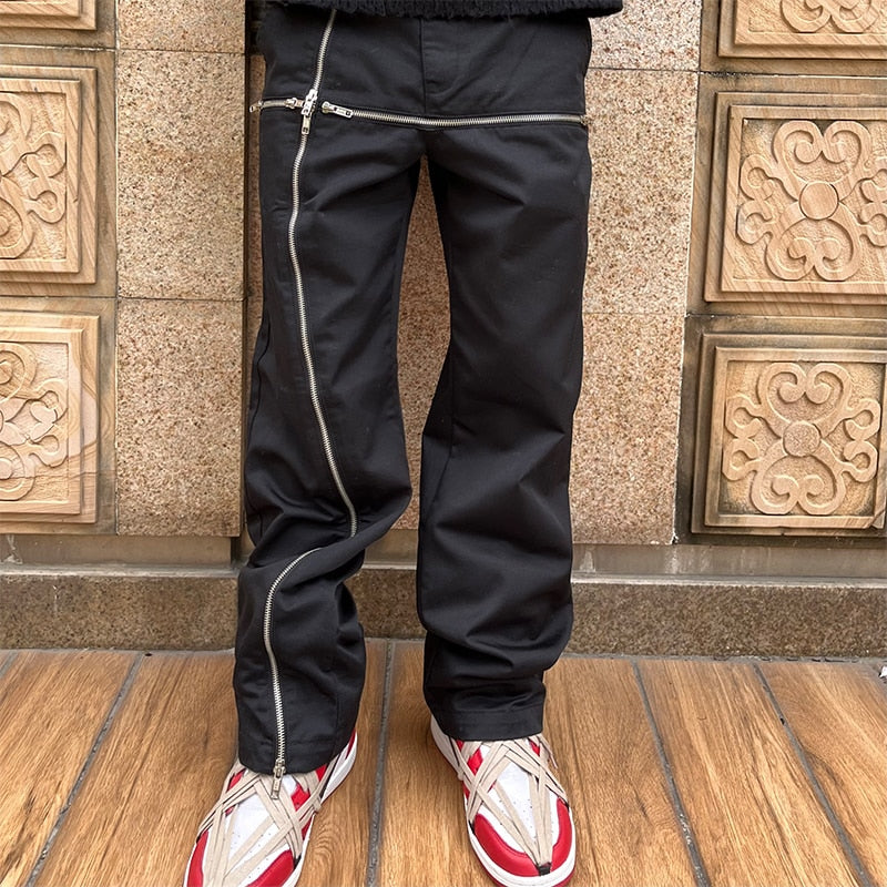 Cross Zipper Decorate Solid Black Mens Cargo Pants High Street Retro Straight Elastic Waist Casual Trousers Loose Overalls