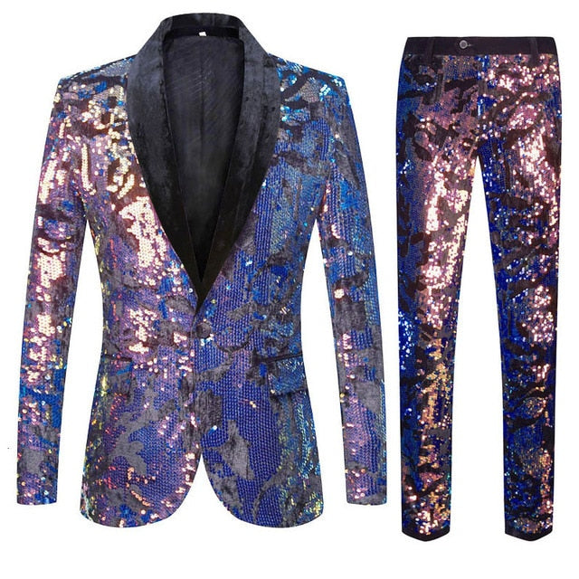 European Size (Blazer + Trousers) Men's Suit Fashion White Velvet Sequin Italian Style Wedding Wedding Groom Dress 2 Piece Set