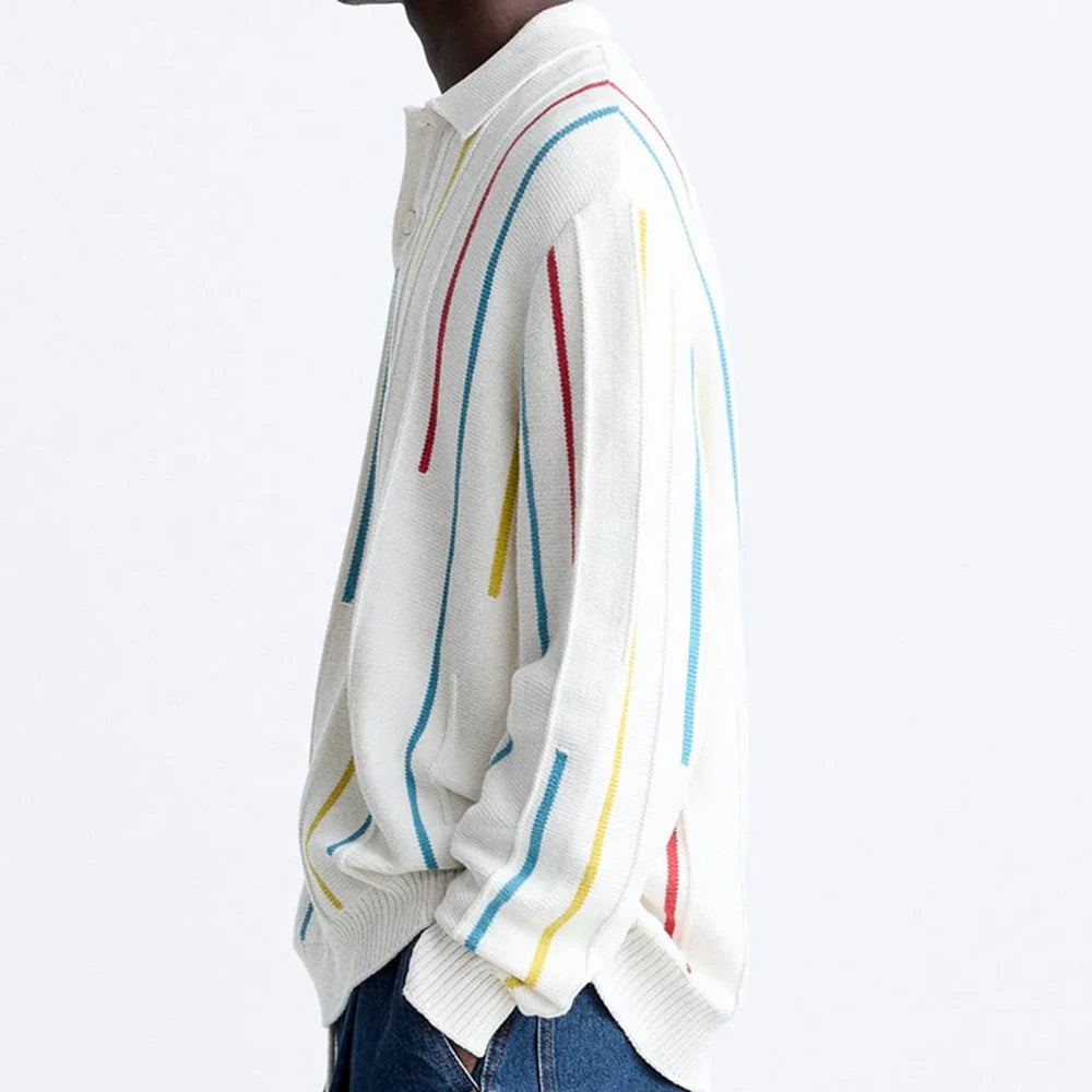 saferido Mens Striped Casual Knitted Polo Shirt Genderless Spring Autumn Thin Fashion Simple Loose Comfortable Long-Sleeve Shirt Unisex