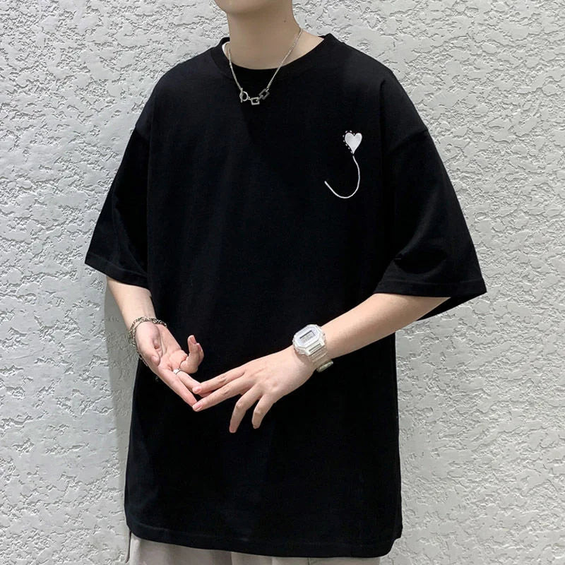 saferido Korean Style Summer Men's Short Sleeved Fashion T-shirt Loose Top Printing Cotton Clothes Tshirts Round Neck T Shirts M-2XL