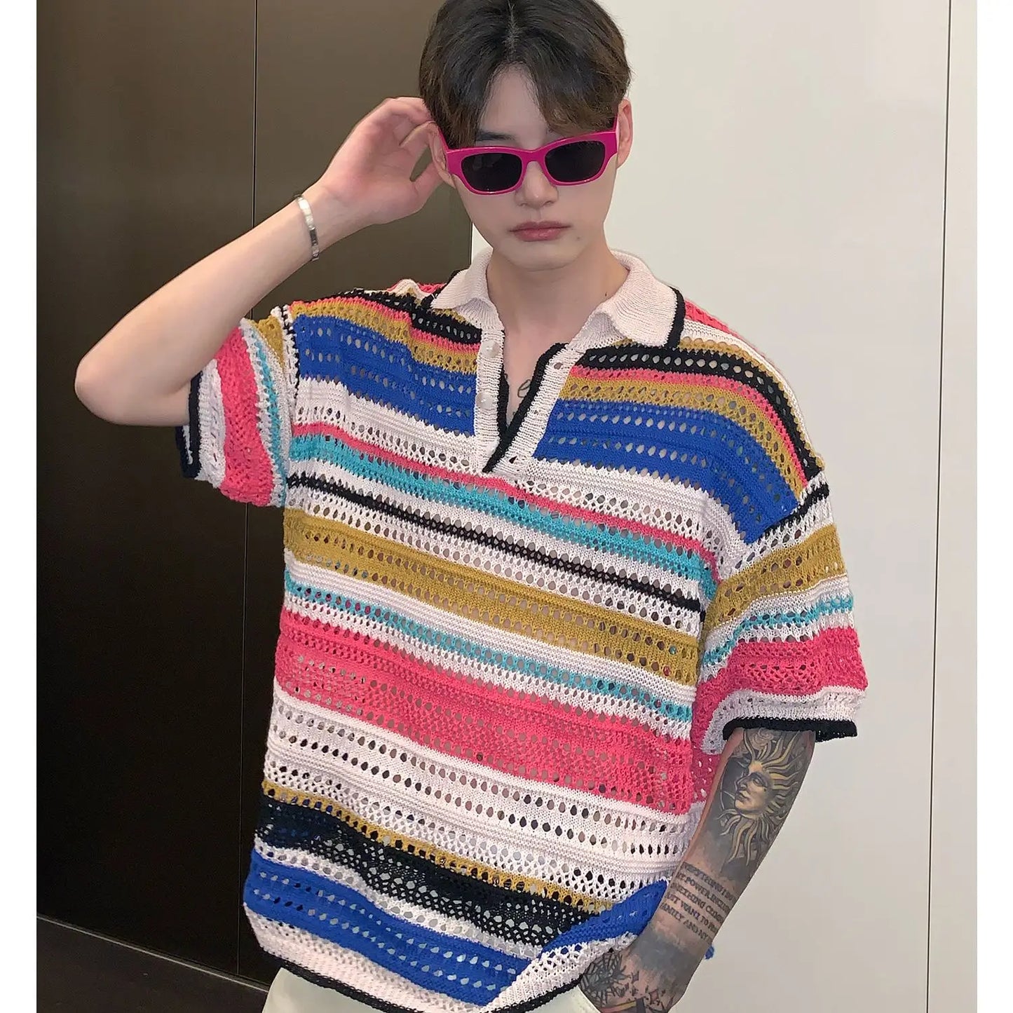 saferido American retro striped contrasting knitted polo shirt loose summer new style lapel casual short sleeved men and women T-shirt