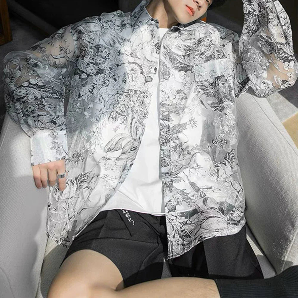 saferido Shirts Men Fashion Mesh Floral Shirt Harajuku Gothic Top Long Sleeve Korean Loose Street Sun-proof Summer Holiday Casual Clothes