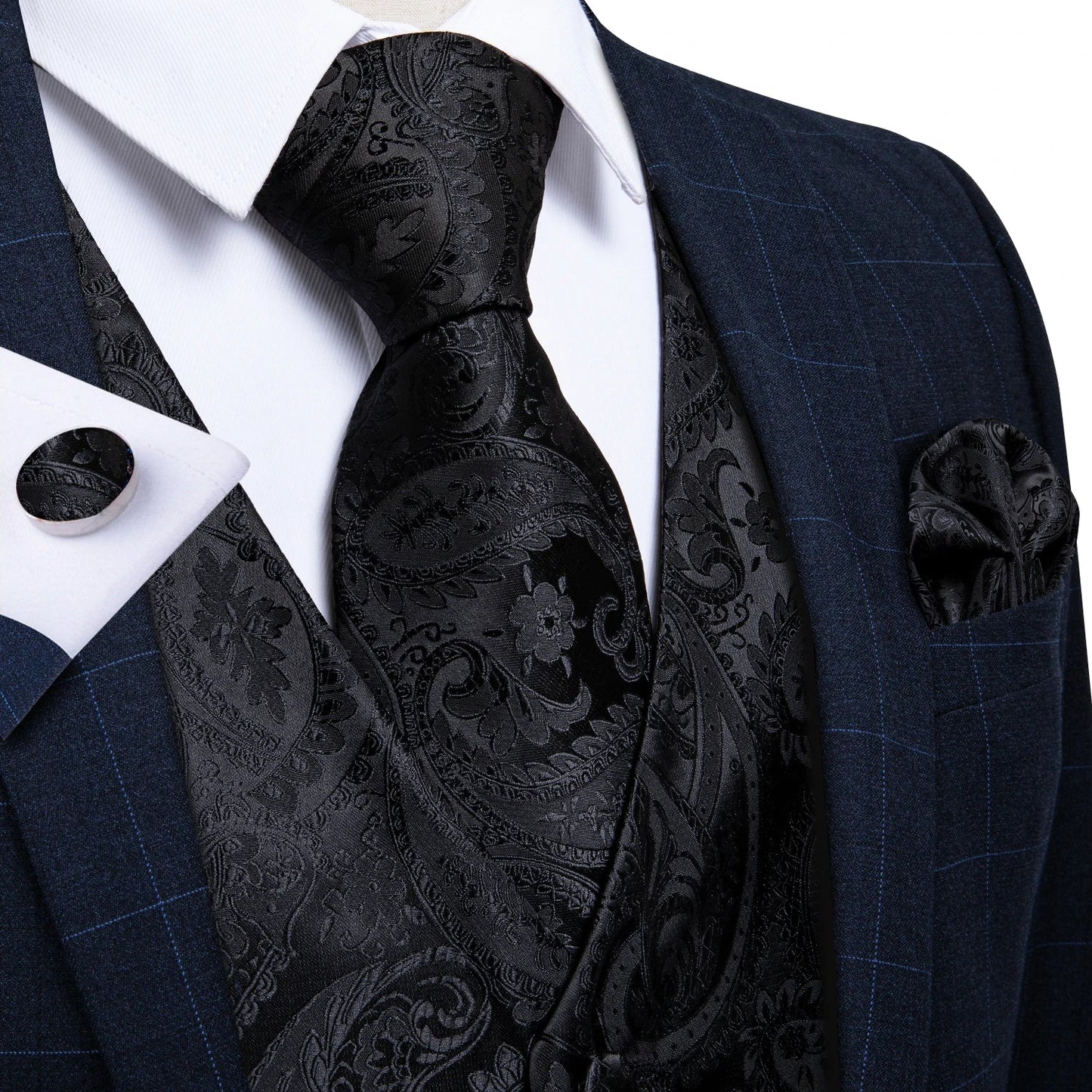 Men Black Paisley Vest Necktie Bowtie Pocket Square Cufflinks Dress Set Classic 5 PCS Business Waistcoat for Man