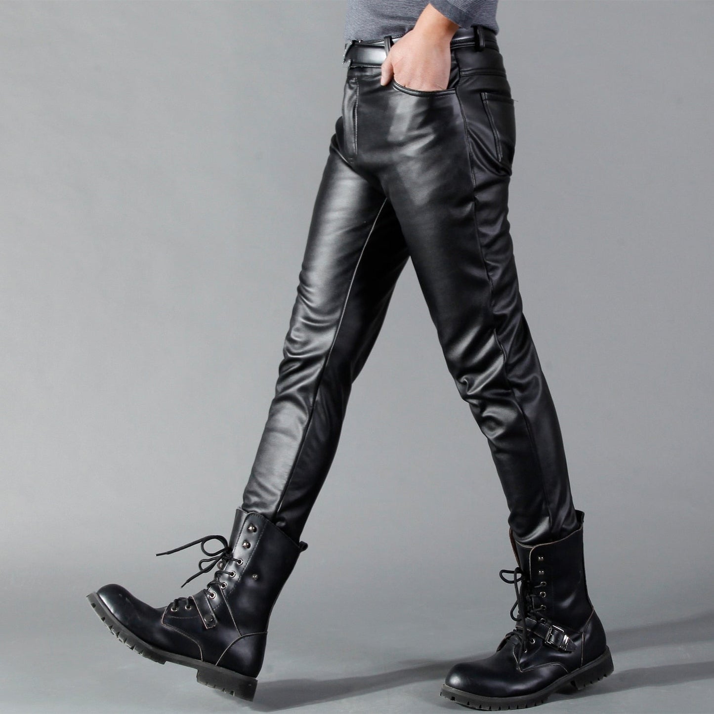 Brand Men Leather Pants Skinny Fit Elastic Style Fashion PU Leather Trousers Motorcycle Pants Thin Streetwear