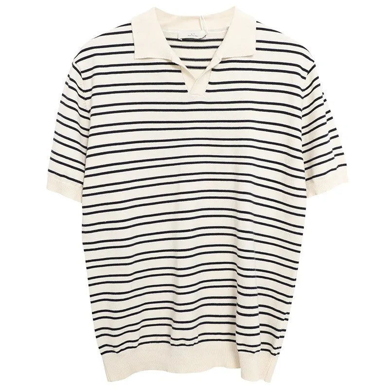 Summer Men's Clothing Light Luxury Knitted Polo Shirt Leisure Striped V-Neck Solid Color Short Sleeve Fashion Retro Knitwear