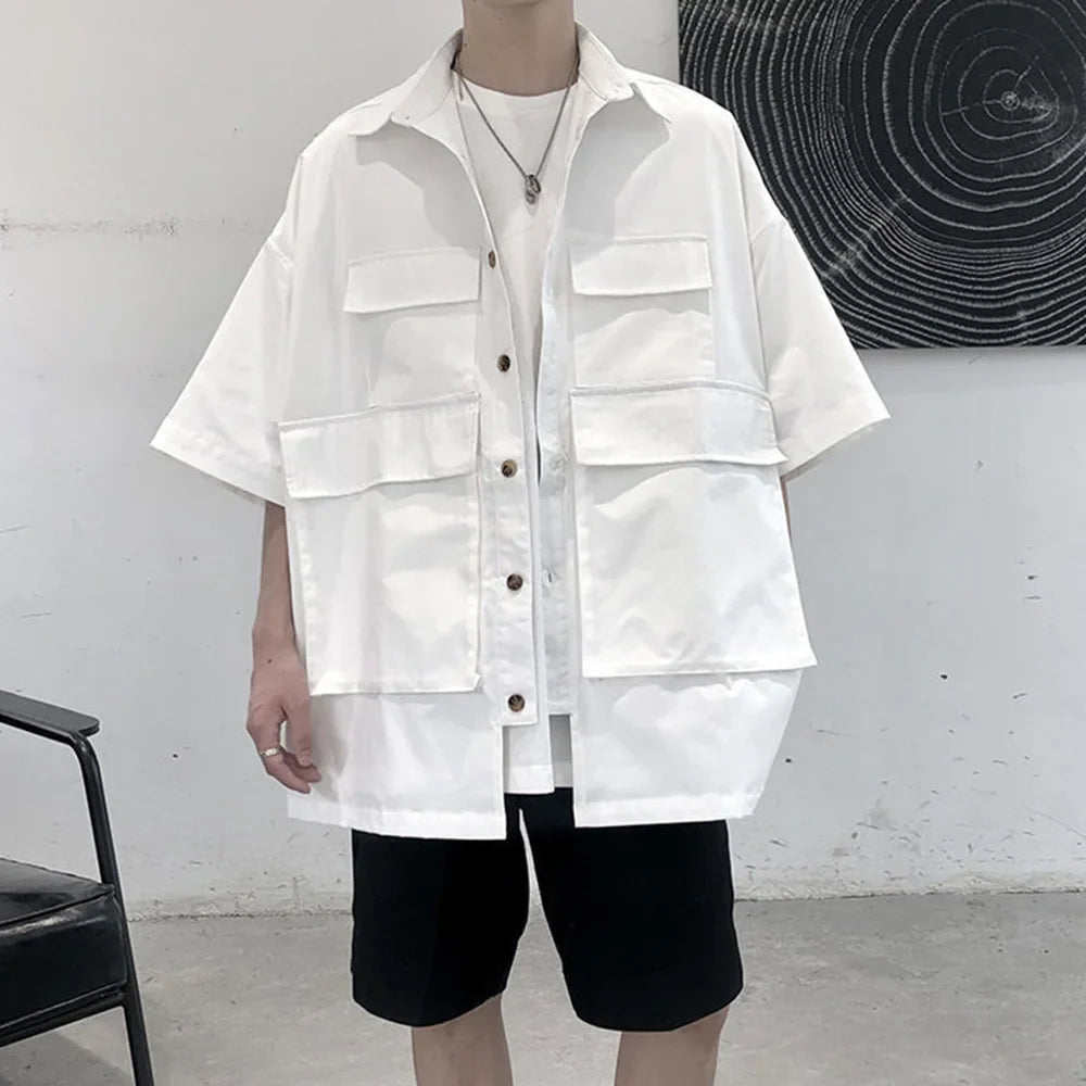 saferido Mens Big Pocket Workwear Short-Sleeve Shirt Streetwear Fashion Youth Trendy Solid Color Versatile Tops Men'S Clothing Spring New