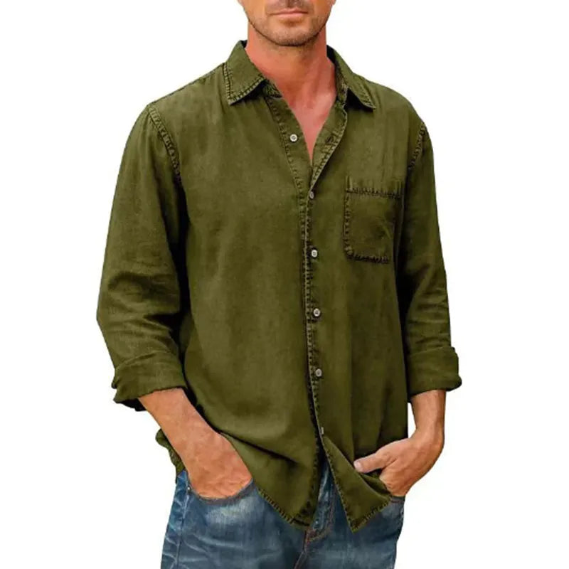 saferido Spring Autumn New Mens Denim Long Sleeve Button Down Pocket Shirt Retro Work Male Slim Fit Solid Color Casual Fashion Tops