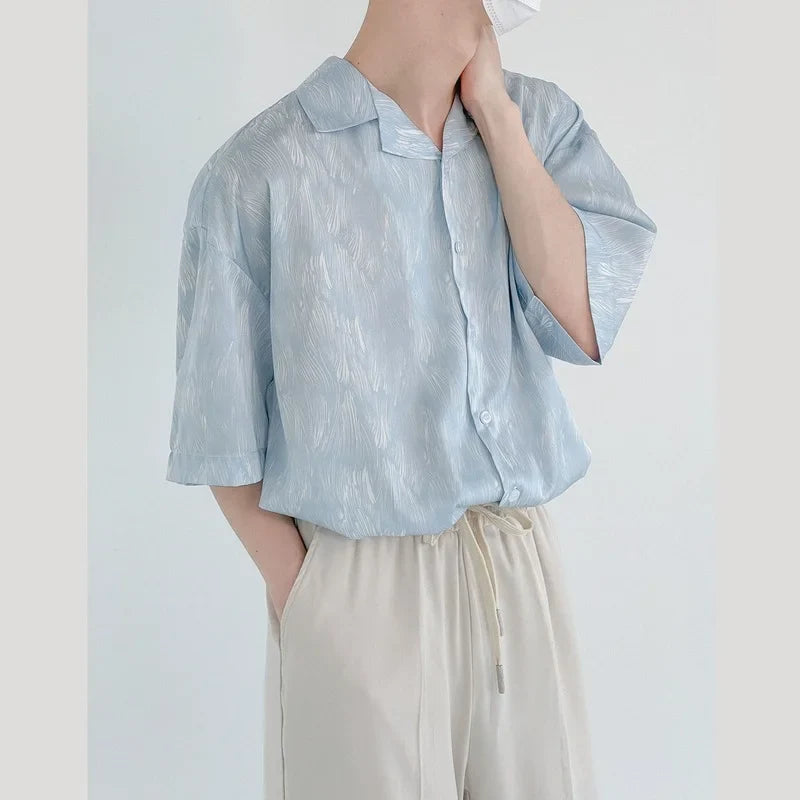 England Style Drape Ice Silk Shirts for Men Short Sleeve Summer Thin Print Loose Harajuku Casual Vintage Shirt Korean Fashion