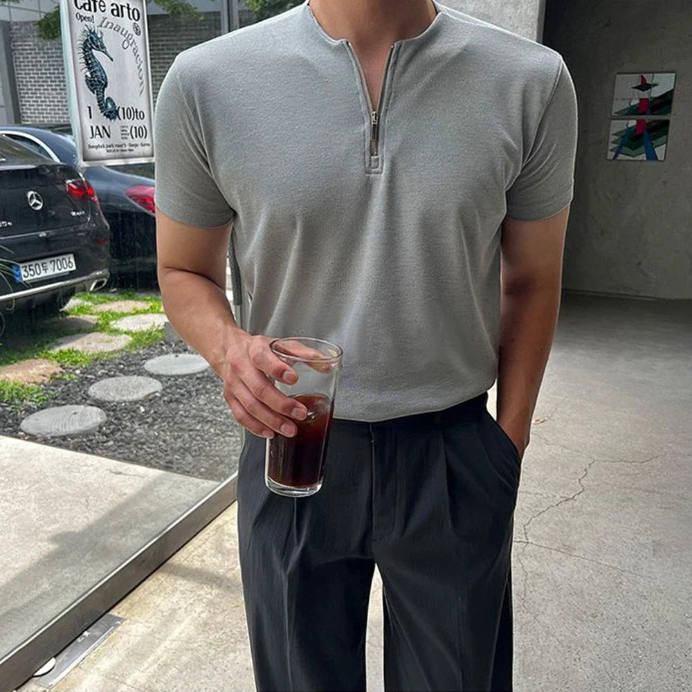 saferido Mens Casual Zipper Short-Sleeved Tops Genderless 2024 Spring New Business Versatile Simple Solid Color Comfortable Tops Unisex