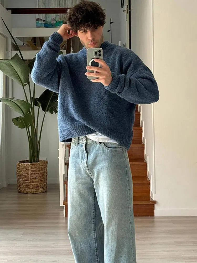 saferido Fashion Bottoming Knitted Sweater Men's Autumn Casual Round Neck Solid Color Tops Korean Style Simple Versatile Loose Pullover