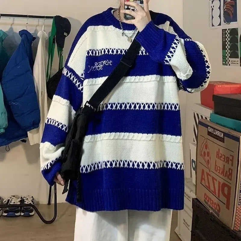 saferido Patchwork Striped Men's Knitted Sweater Blue Pullovers Punk Black Sweaters Male Oversize Korean Streetwear Hip Hop