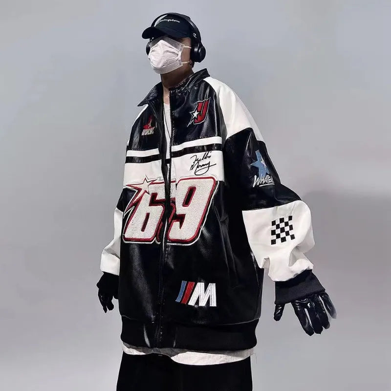 Hip Hop American PU Leather Jacket Men Patchwork Letter Embroidery Motorcycle Biker Coats Unisex Bomber Jacket Flocking Clothes