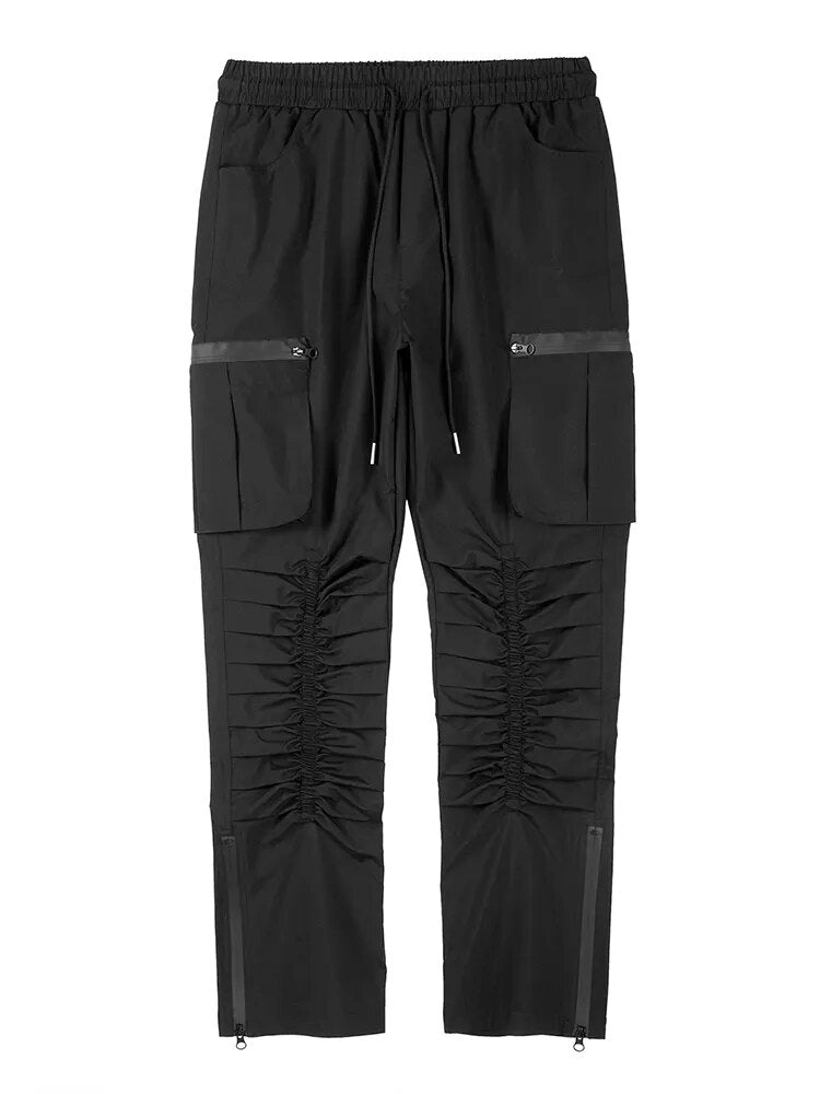 Harajuku Black Tapered Pants for Mens Functional Rubber Band Pleated Waterproof Zipper Casual Pants Nylon Men's Jogging Pant