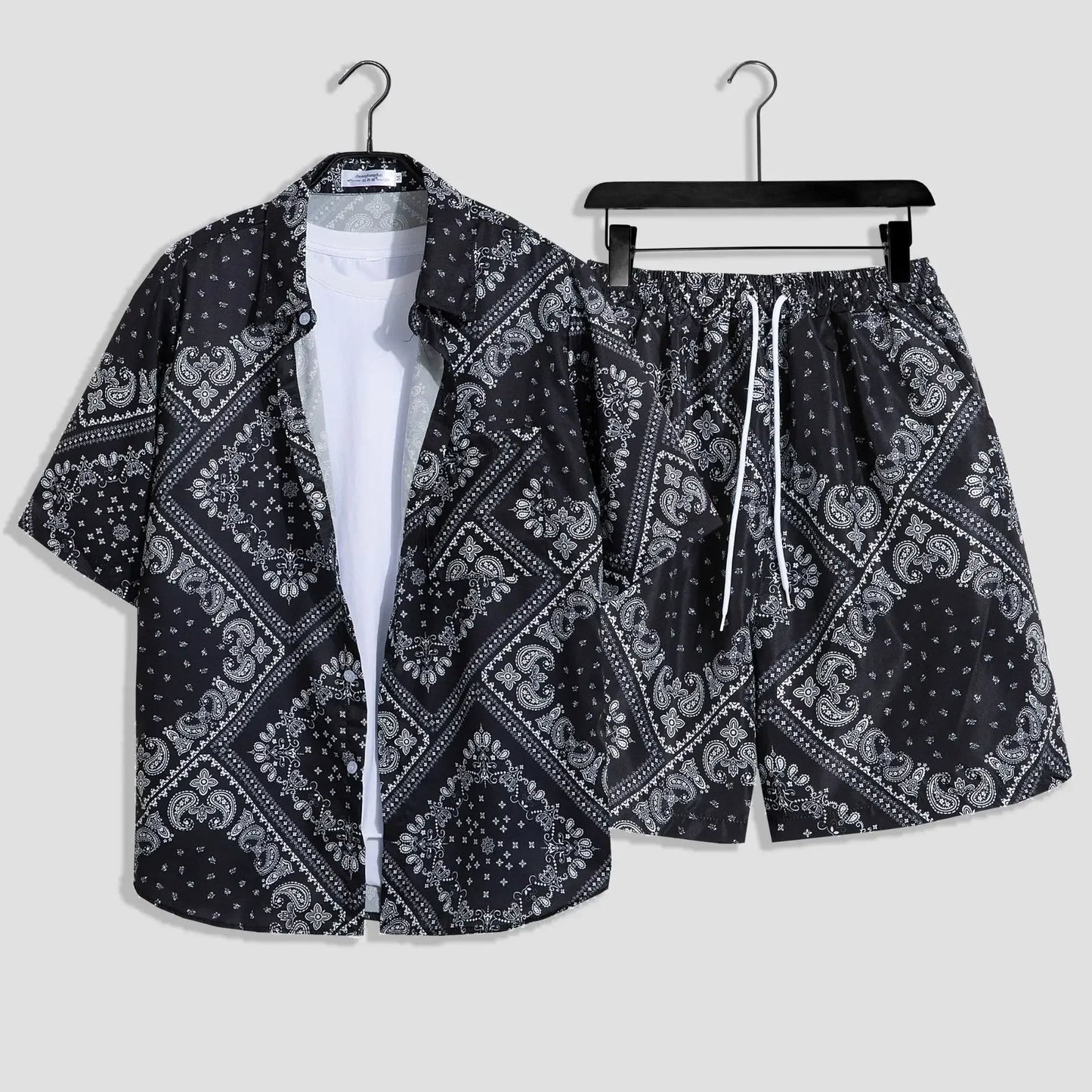 Mens Fashion Print Sets Short Sleeve Shirt+Shorts 2Pcs Suit Loose Summer Casual Beachwear Male Vacation Hawaiian Outfits