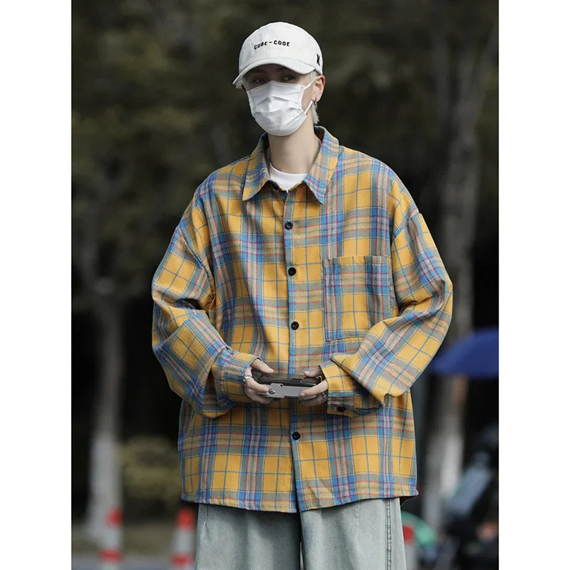 saferido Autumn Long Sleeved Shirt Men Oversized Fashion Retro Plaid Shirt Men Streetwear Loose Casual Shirt Mens Vintage Shirts M-3XL