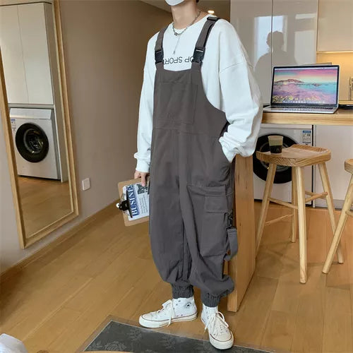 saferido Suspenders Jumpsuit Pants Men Summer Overalls Japanese Loose Straps Casual Pockets Unisex Oversize Streetwear Solid Man Clothing