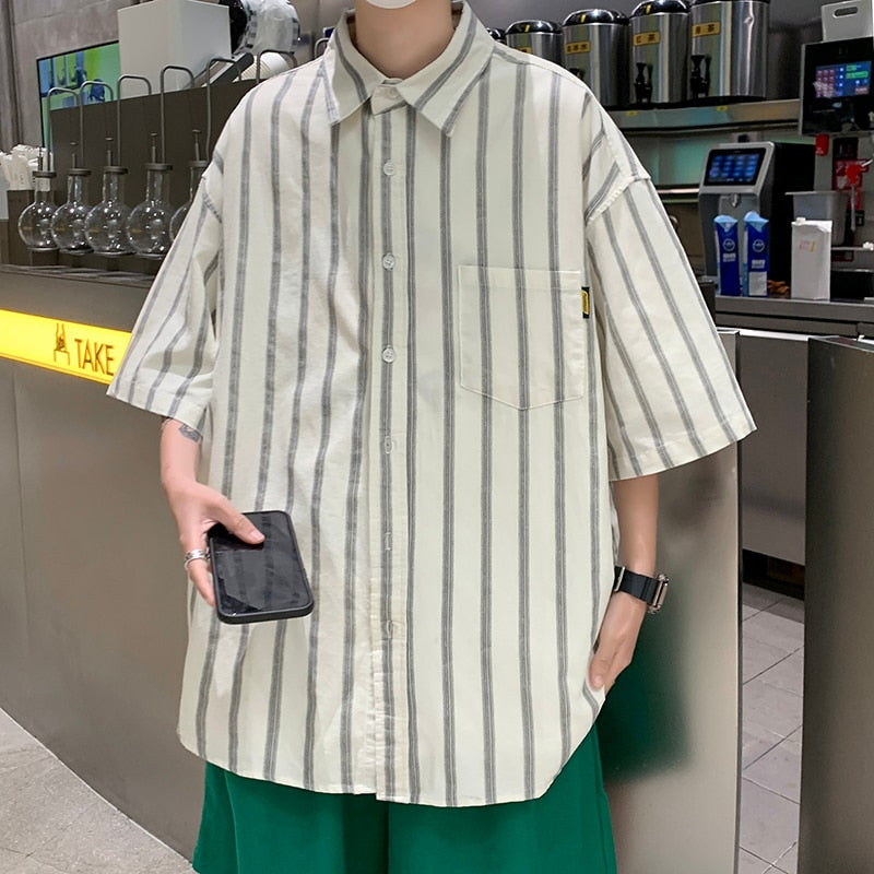 Retro Striped Short Sleeve Shirts for Men Summer Japanese Fashion Loose Casual Hawaiian Shirt Oversized Men Clothing