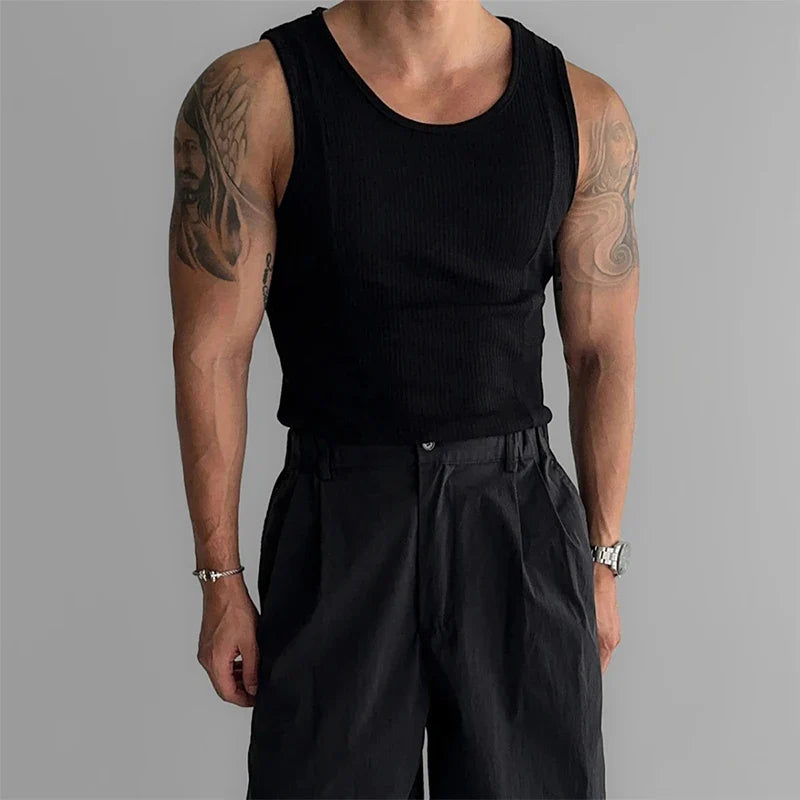 Summer Fashion Solid Color Ribbed Tank Tops Men Slim Elastic Sports Vest For Mens New Casual O Neck Straps Sleeveless Camisoles