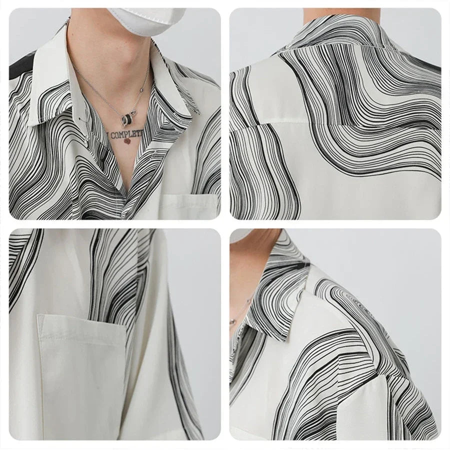 New Summer Design Irregular Silky Drape No-iron Lapel Shirt for Men Korean Fashion Texture Pattern Short Sleeve Men Shirts