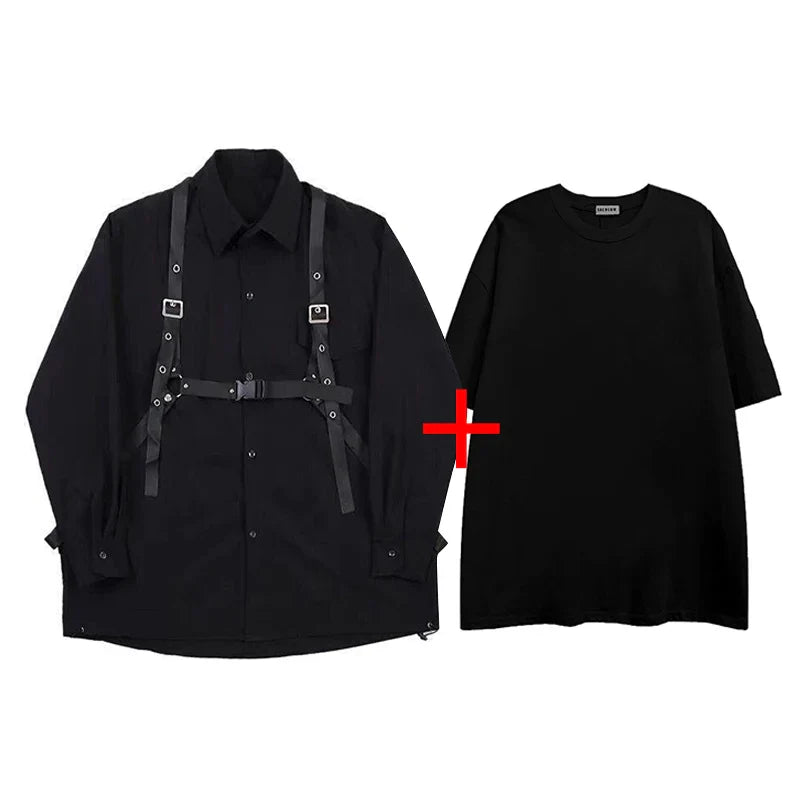 saferido Techwear Pant Sets Men Punk 3 Piece Outfits Black Cargo Pants Long Sleeve Shirts Korean Streetwear Hip Hop Spring