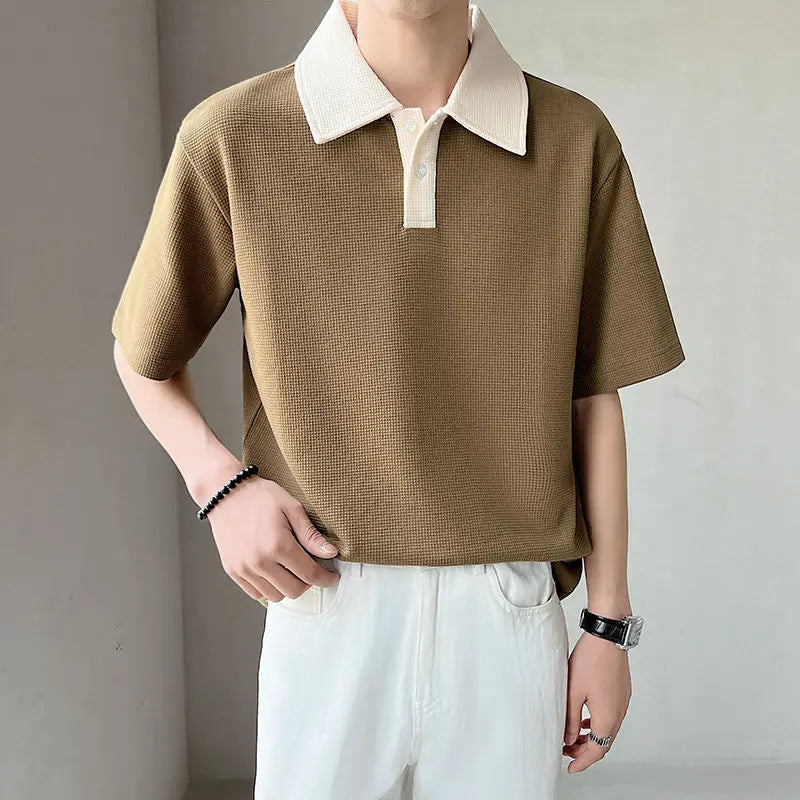 New High-end Korean Fashion Polo Shirts for Men Patchwork Waffle Lapel Buttons Short Sleeve T-shirt Men Summer Loose Polo Shirt