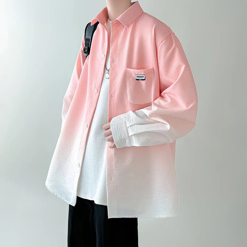 saferido Men's shirt Gradient Plicated Long Sleeve Shirts Loose Korean Shirt Fashion Casual Oversize Shirt Coat High Quality Clothing