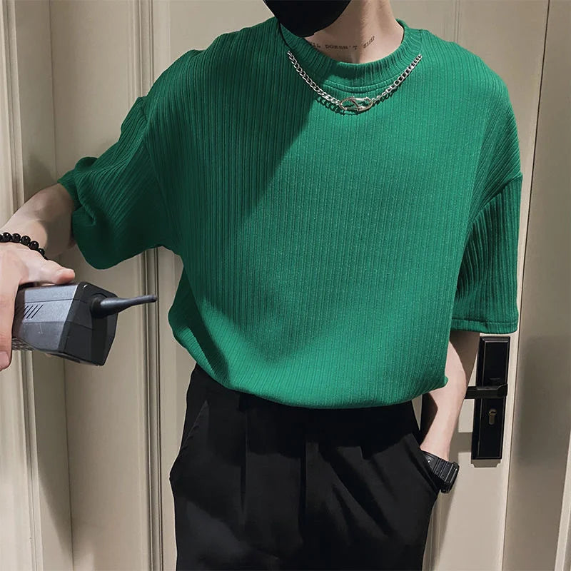 saferido Korean Style Summer Men's Silk Fabric Social T Shirts Removable Necklace Short Sleeve T-shirt Hip Hop Style Top Tshirts