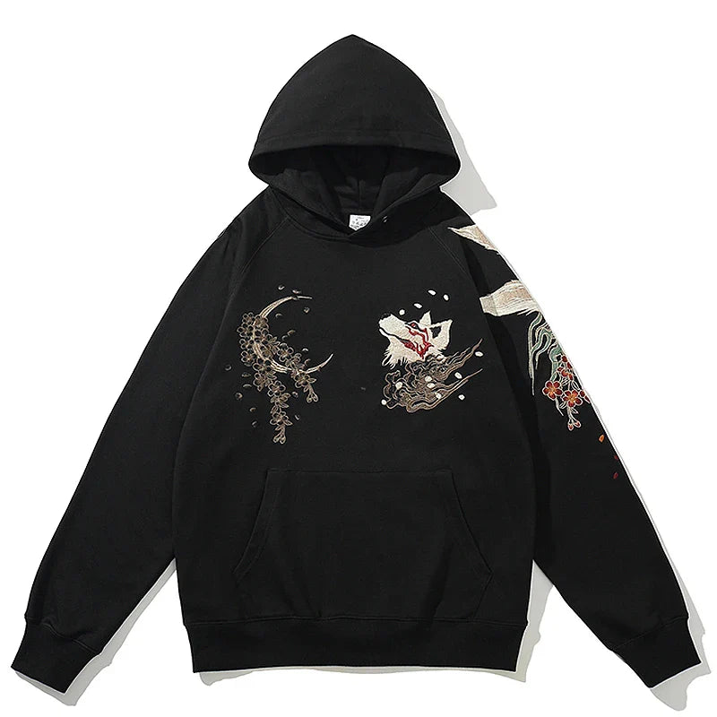 Men Streetwear Fleece Hoodie Sweatshirt Embroidery Flower Chinese Kanji Pullover Winter Harajuku Cotton Hooded Hoodie