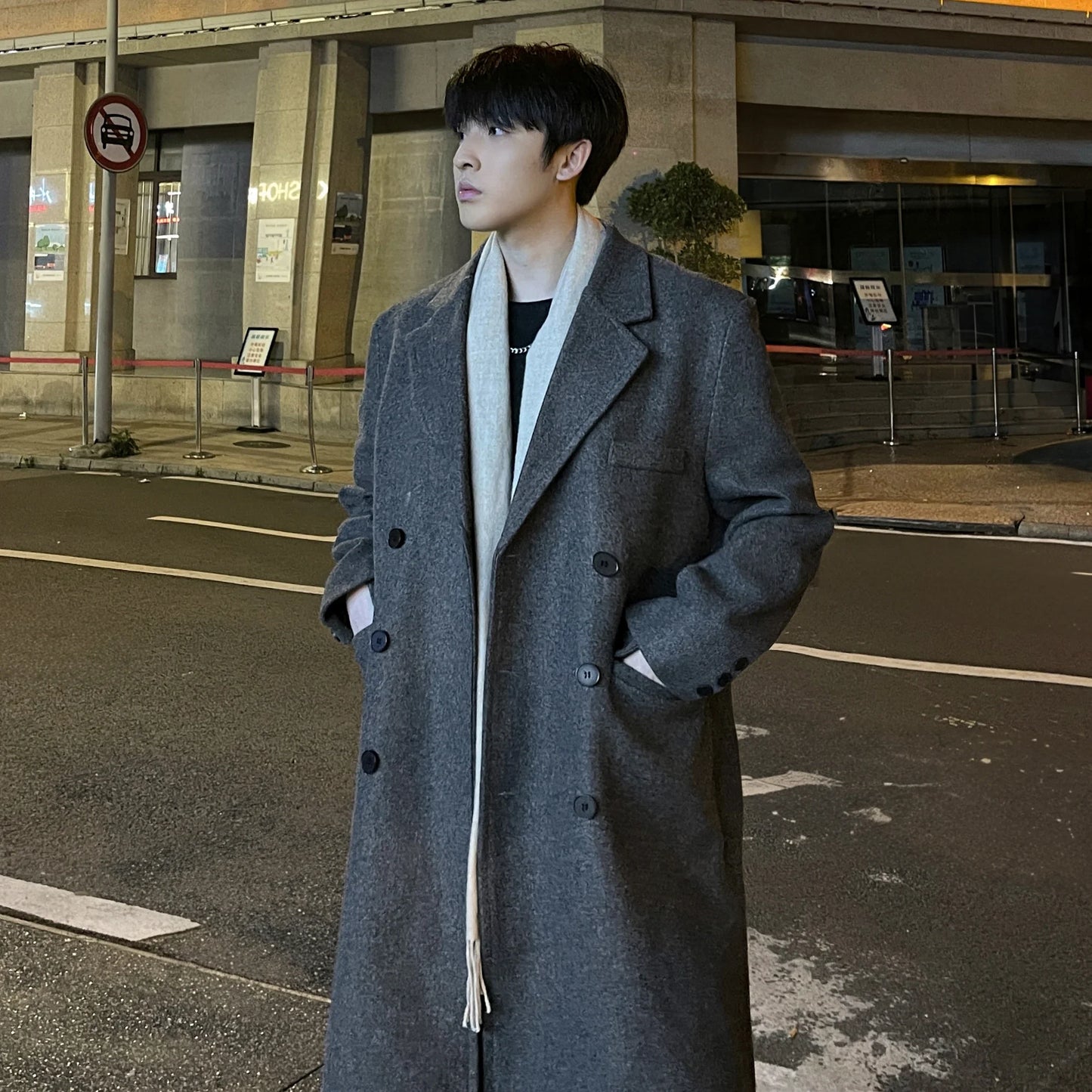 saferido Winter Long Trenchcoat Men Korean-style Solid Double Breasted Woolen Coat Loose Casual Trench Outwear Solid Color Overcoats
