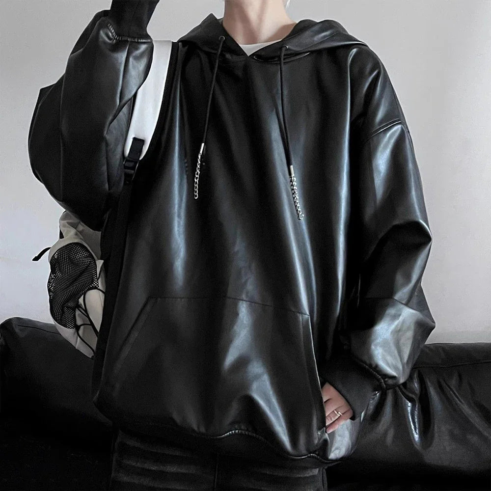 saferido Mens American Biker Y2k Pu Leather Hoodie Genderless Essential Loose Solid Color Trendy Street Hip-Hop Sweatshirt Unisex