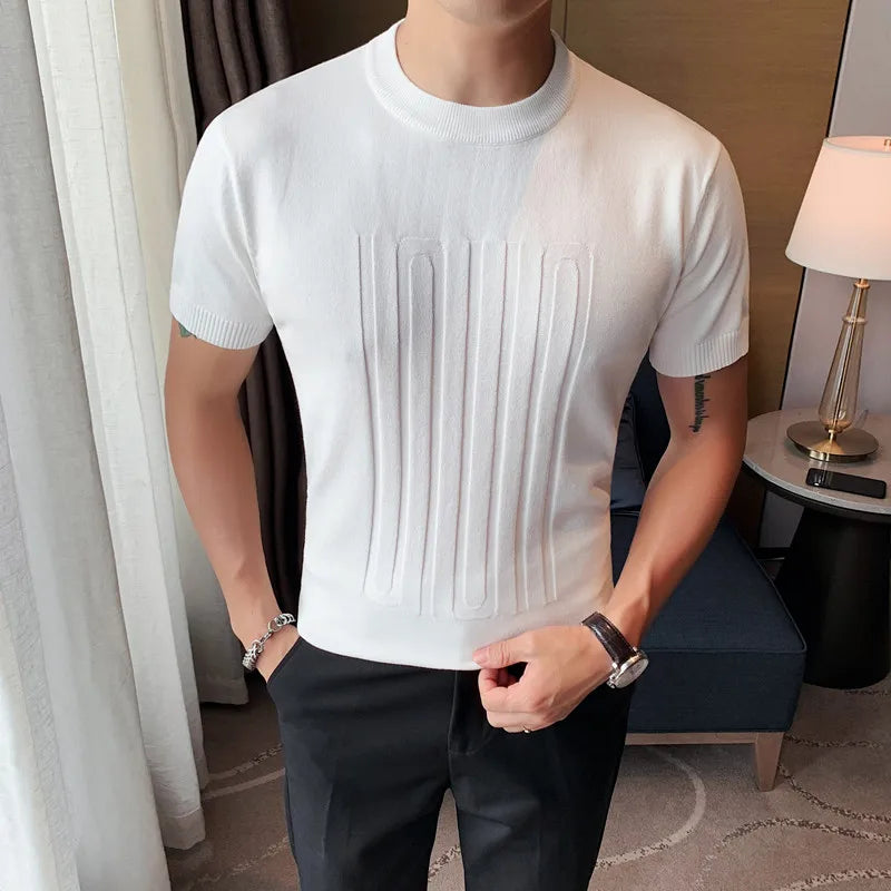 saferido New Summer Men's Short Sleeve Solid Color T shirt Round Collar British Slim Casual Fashion Knit T-Shirts S-3XL