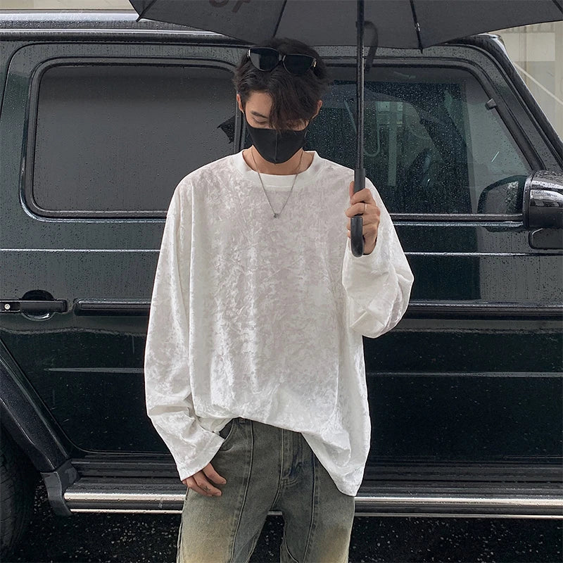 saferido Mercerized Velvet T Shirt Spring Autumn Simple Long Sleeve Tops Men's T-shirt O-neck Solid Tshirts T Shirt Men Tees Black/White